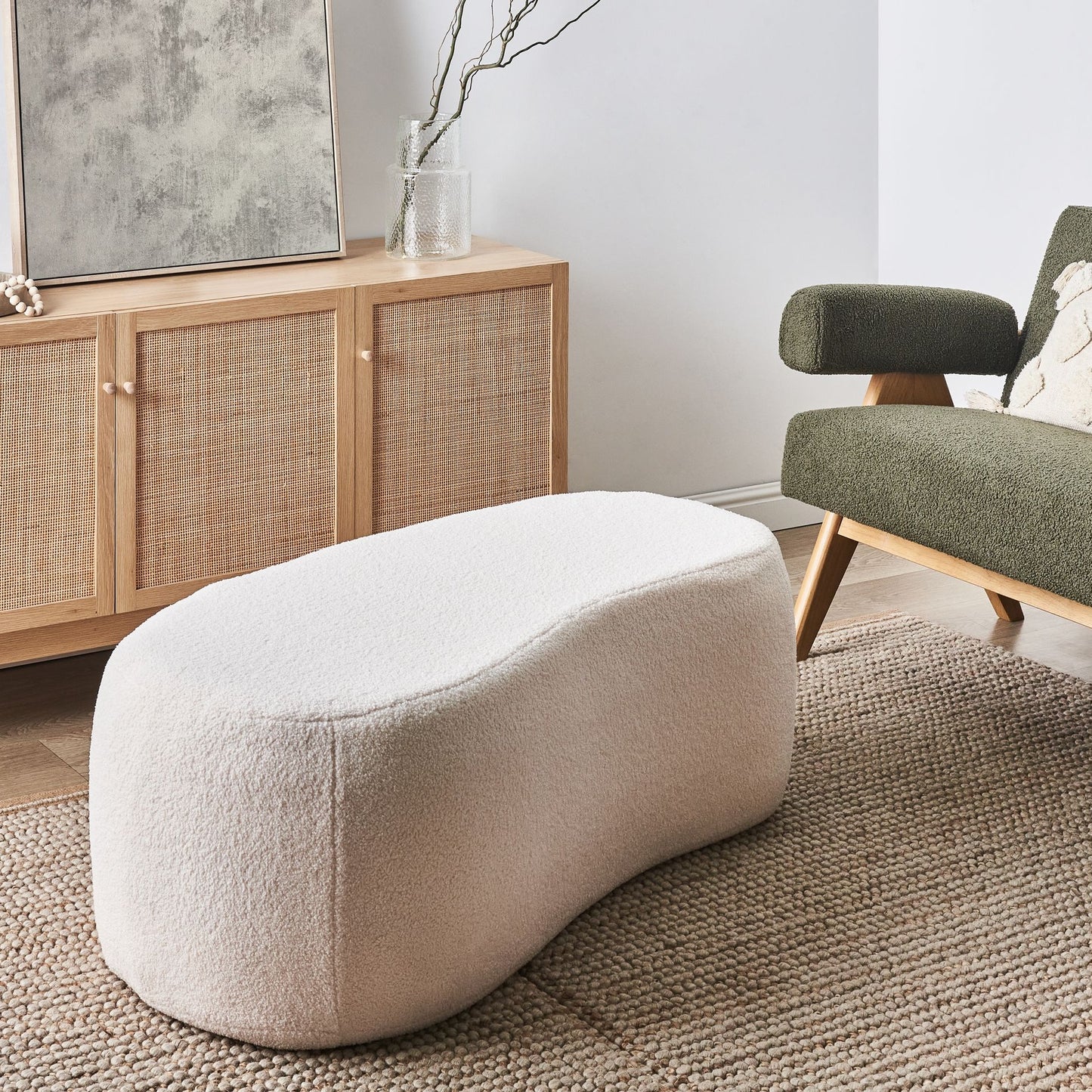 Pouffe Off White Boucle Upholstered Bed Bench Stool