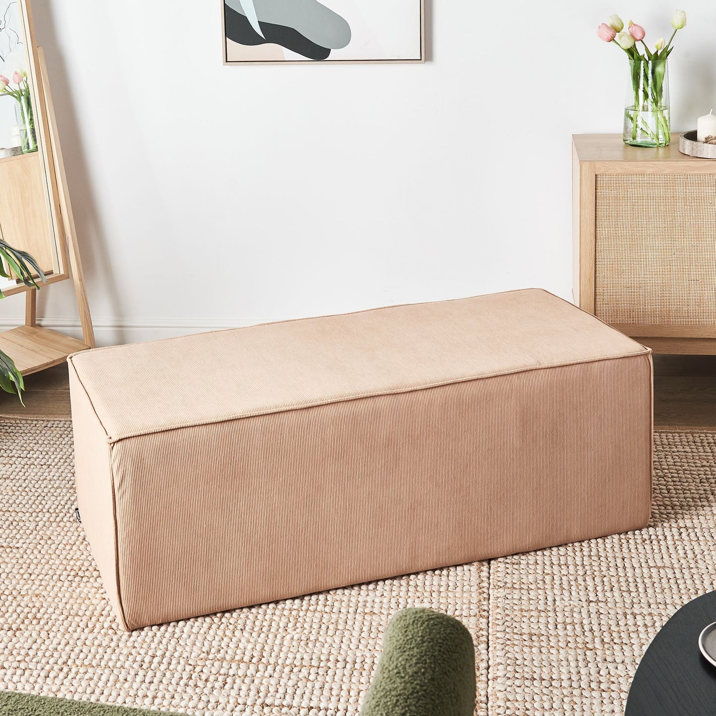 Pouffe Beige Corduroy Jumbo Upholstered Bed Bench Stool Accent Furniture For Living Room