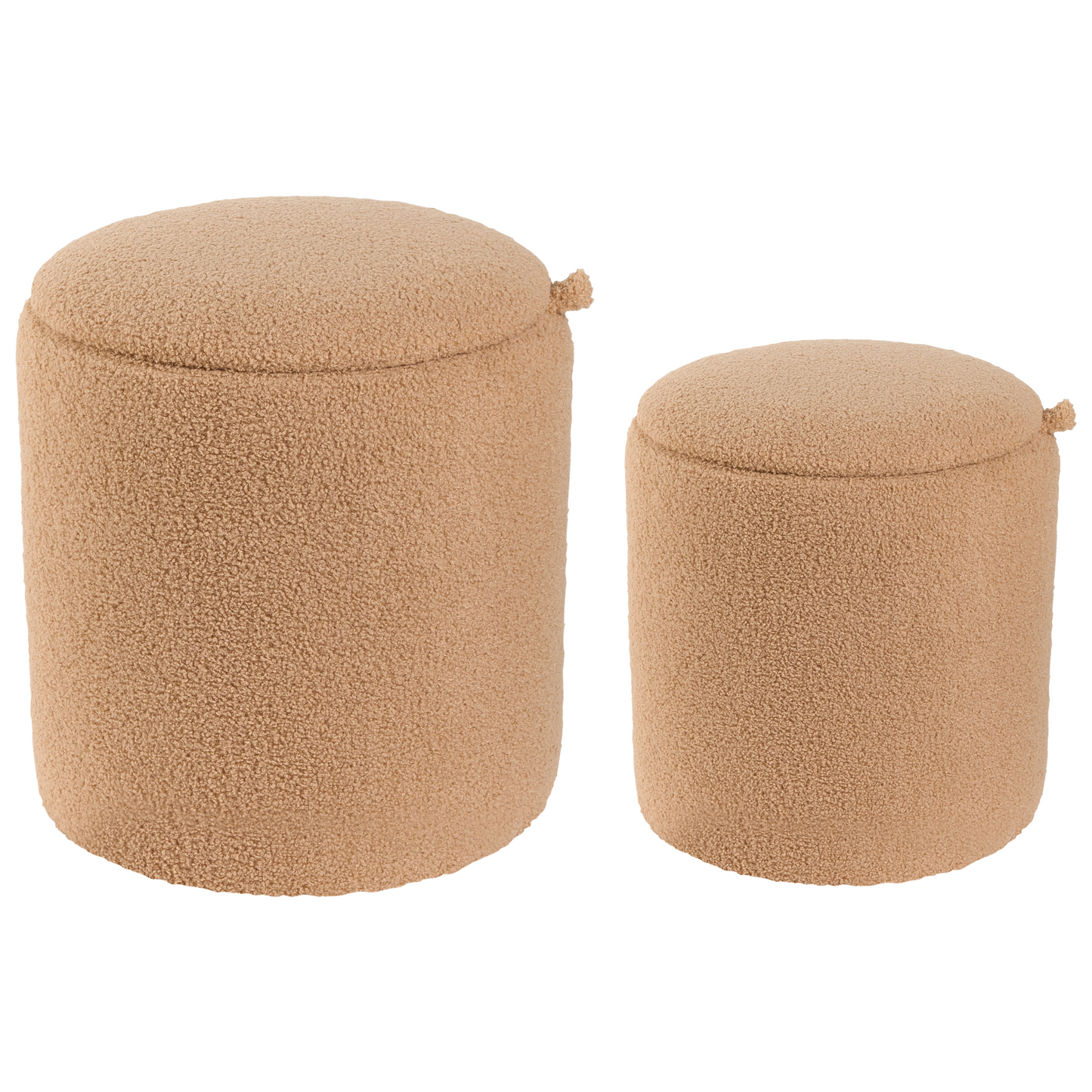 Boucle Storage Pouffes Set of 2 Light Brown Teddy Fabric Round Ottomans Hidden Storage