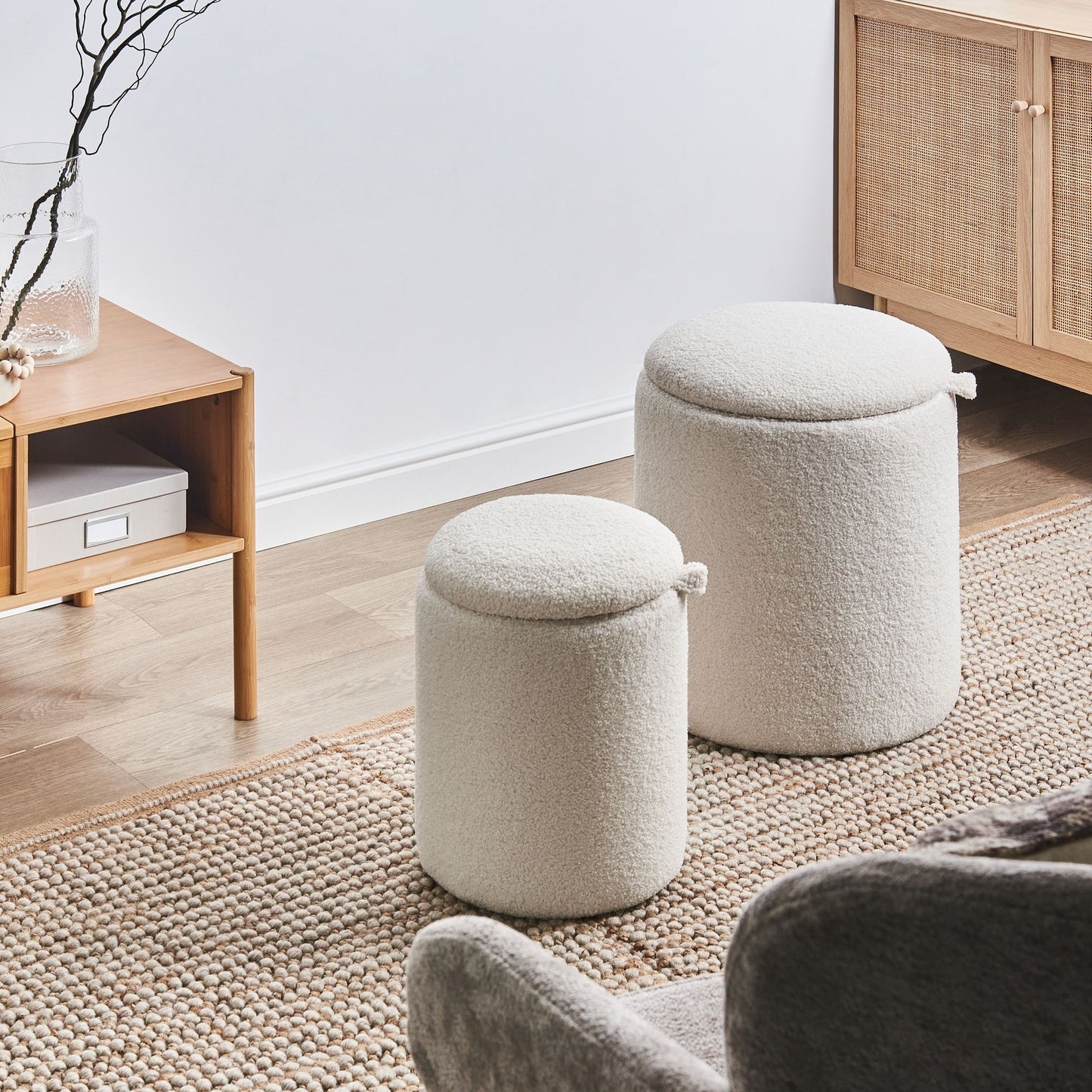 Living Boucle Pouffes Set of 2 Off White Ottomans Hidden Storage