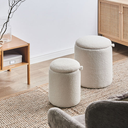 Living Boucle Pouffes Set of 2 Off White Ottomans Hidden Storage