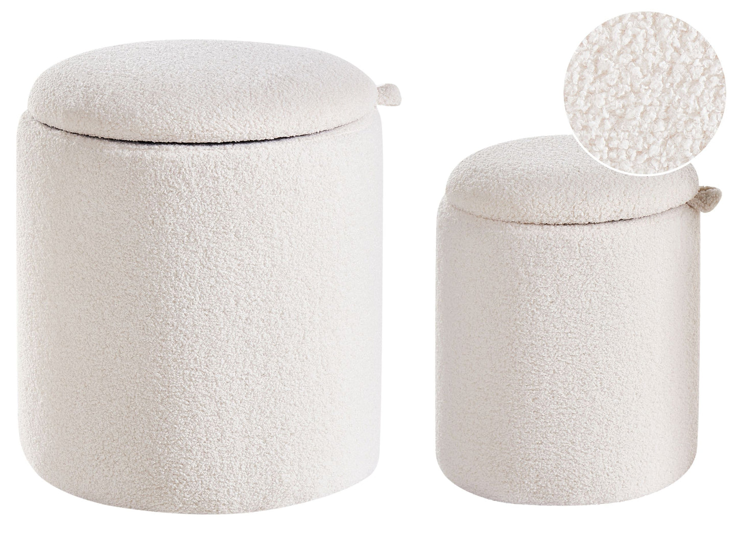Living Boucle Pouffes Set of 2 Off White Ottomans Hidden Storage