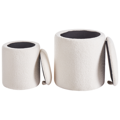 Living Boucle Pouffes Set of 2 Off White Ottomans Hidden Storage