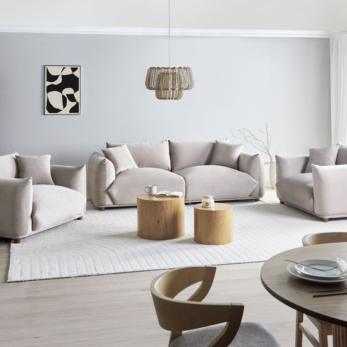 Velvet Sofa Set Taupe Five Seater With Armchairs And Scatter Cushions For Living Room