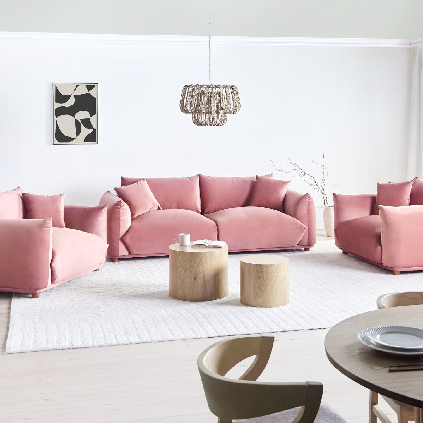 5 Seater Velvet Sofa Set With Armchairs In Pink