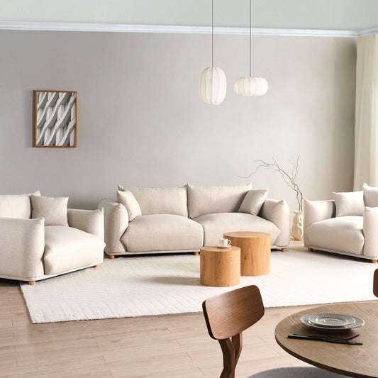 Fabric Sofa Set 5 Seater Light Beige Polyester Armchairs