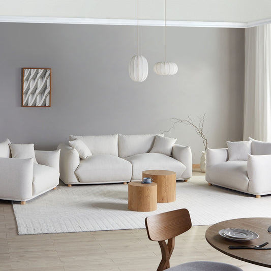 Fabric Sofa Set 5 Seater Off White Polyester With Scatter Cushions And Armchairs