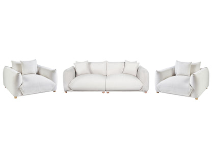 Fabric Sofa Set 5 Seater Off White Polyester With Scatter Cushions And Armchairs