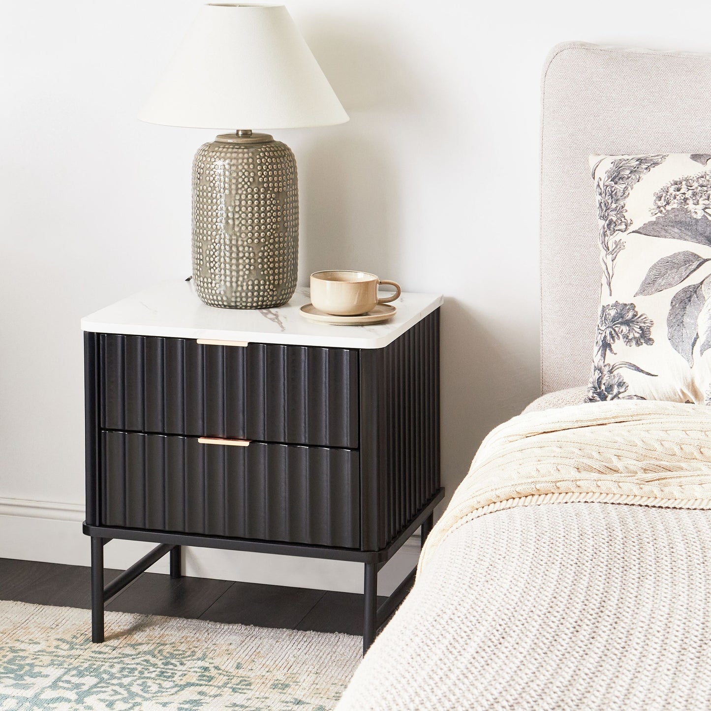 NovaHome Two Drawer Bedside Table Black Marble Effect MDF Nightstand