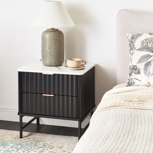 NovaHome Two Drawer Bedside Table Black Marble Effect MDF Nightstand