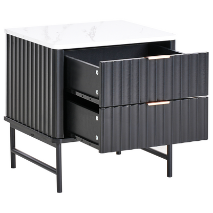 NovaHome Two Drawer Bedside Table Black Marble Effect MDF Nightstand