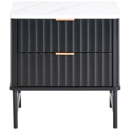NovaHome Two Drawer Bedside Table Black Marble Effect MDF Nightstand