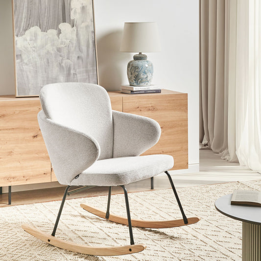 Rocking Chair Off White Fabric With Wooden Skates And Metal Legs For Living Room