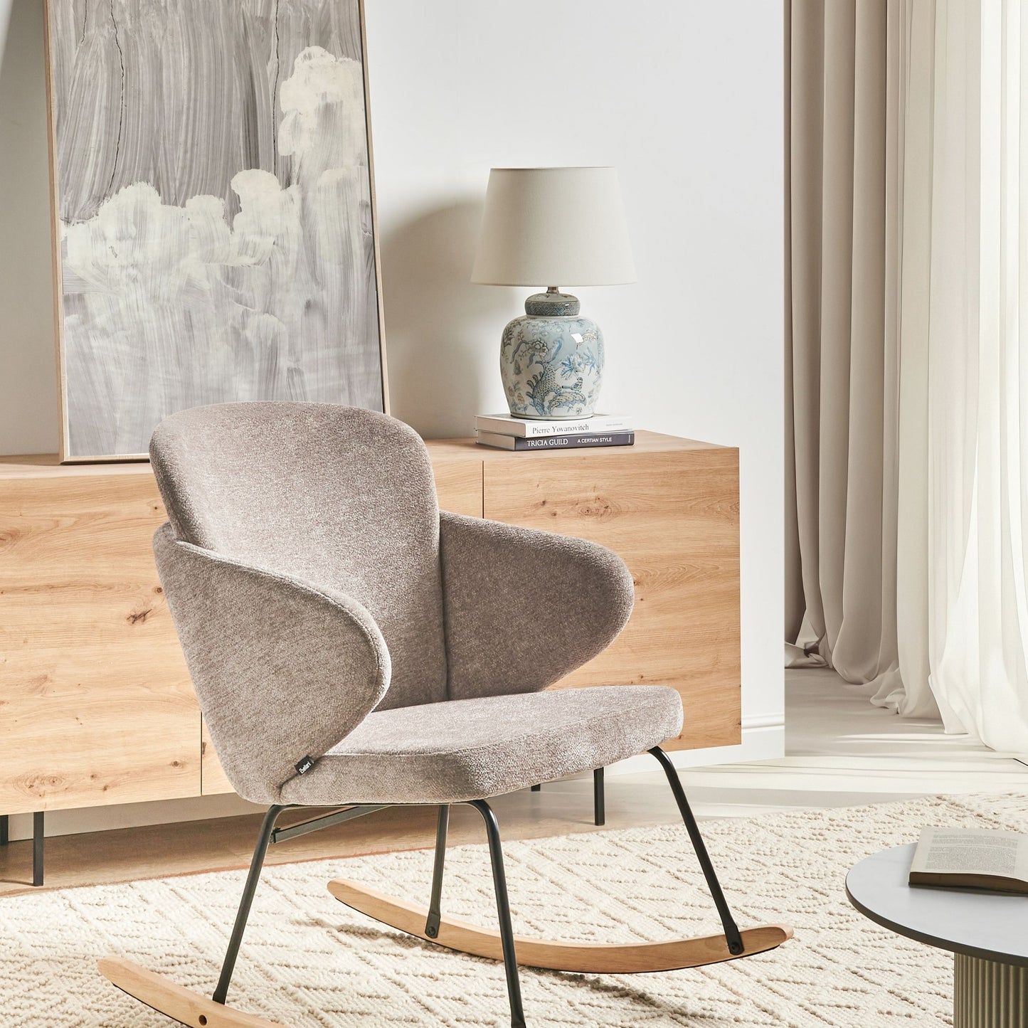 Rocking Chair Taupe Fabric With Wooden Metal Legs Skates Modern Living Room