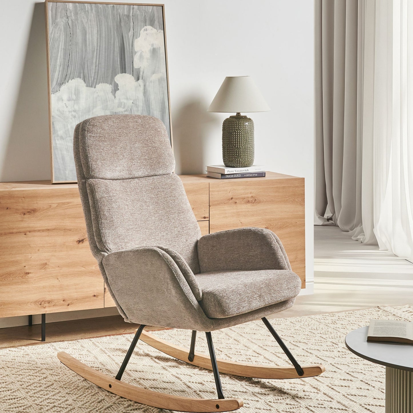 Rocking Chair Taupe Fabric With Wooden Metal Legs
