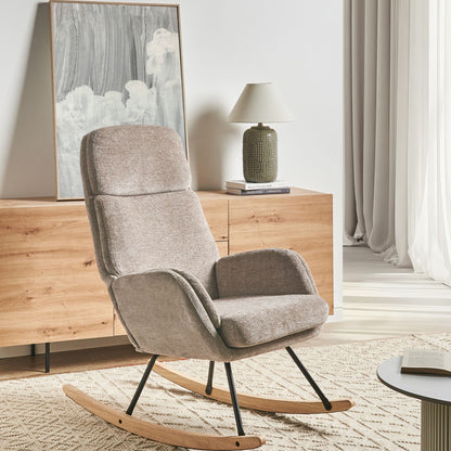 Rocking Chair Taupe Fabric With Wooden Metal Legs