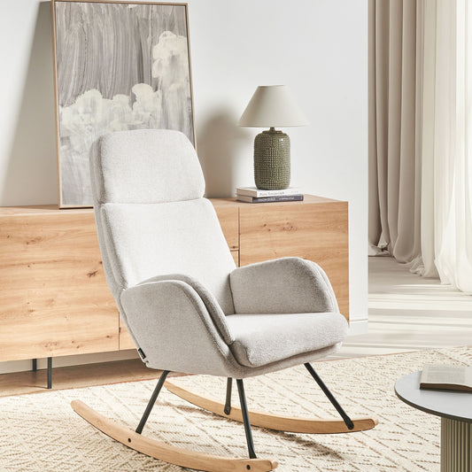 Rocking Chair Off White Fabric With Wooden Metal Legs