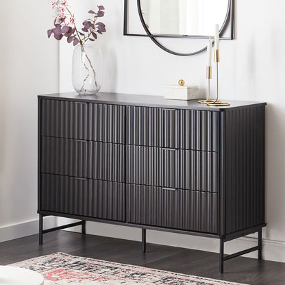 NovaHome 6 Drawer Chest Black Fluted Front With Metal Legs