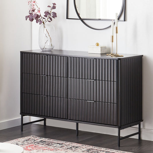 NovaHome 6 Drawer Chest Black Fluted Front With Metal Legs