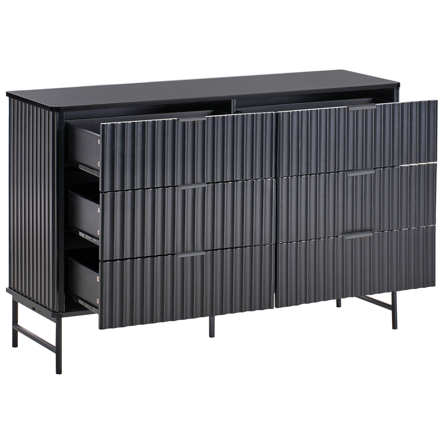 NovaHome 6 Drawer Chest Black Fluted Front With Metal Legs