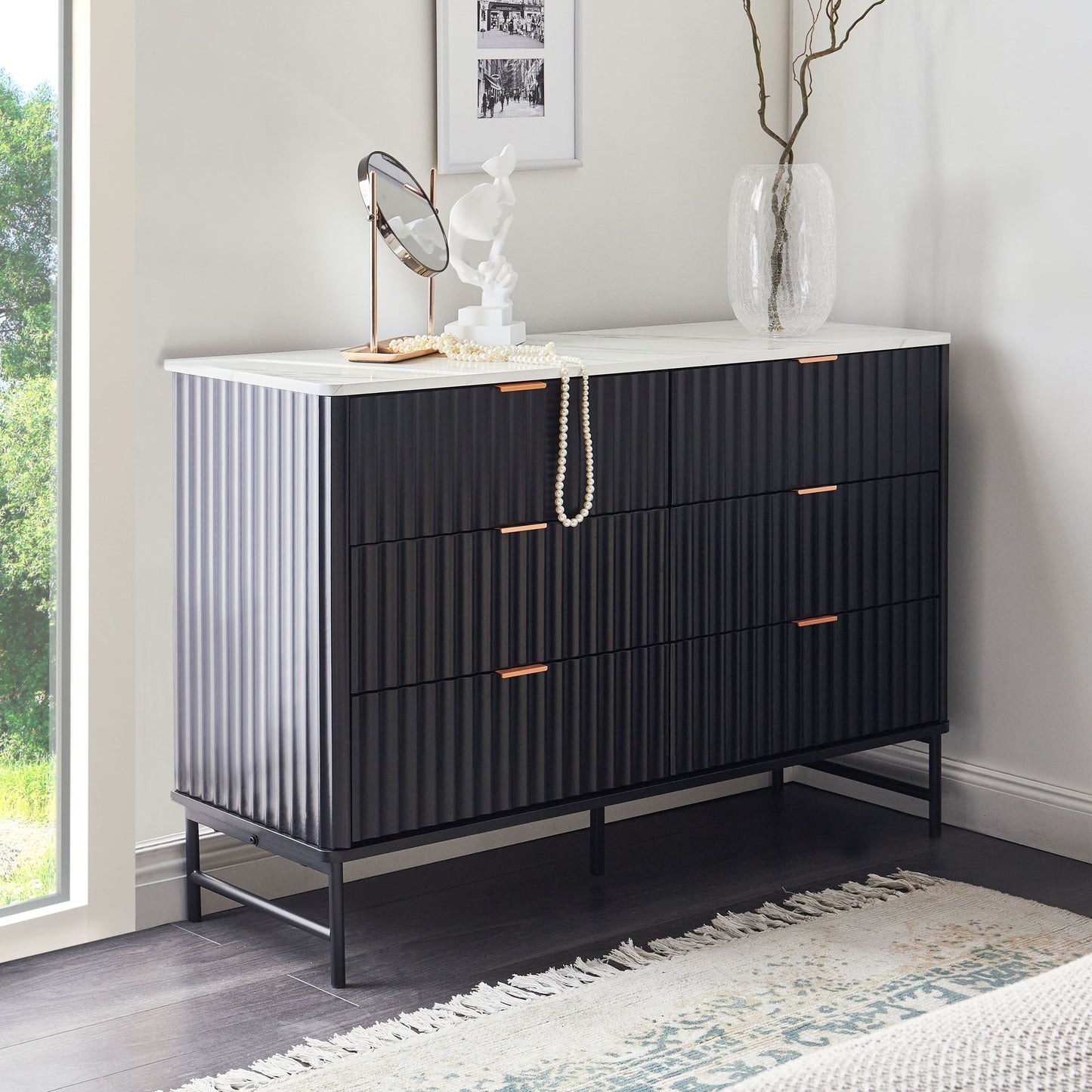 Nova Living 6 Drawer Chest Black MDF With Marble Top and Metal Legs