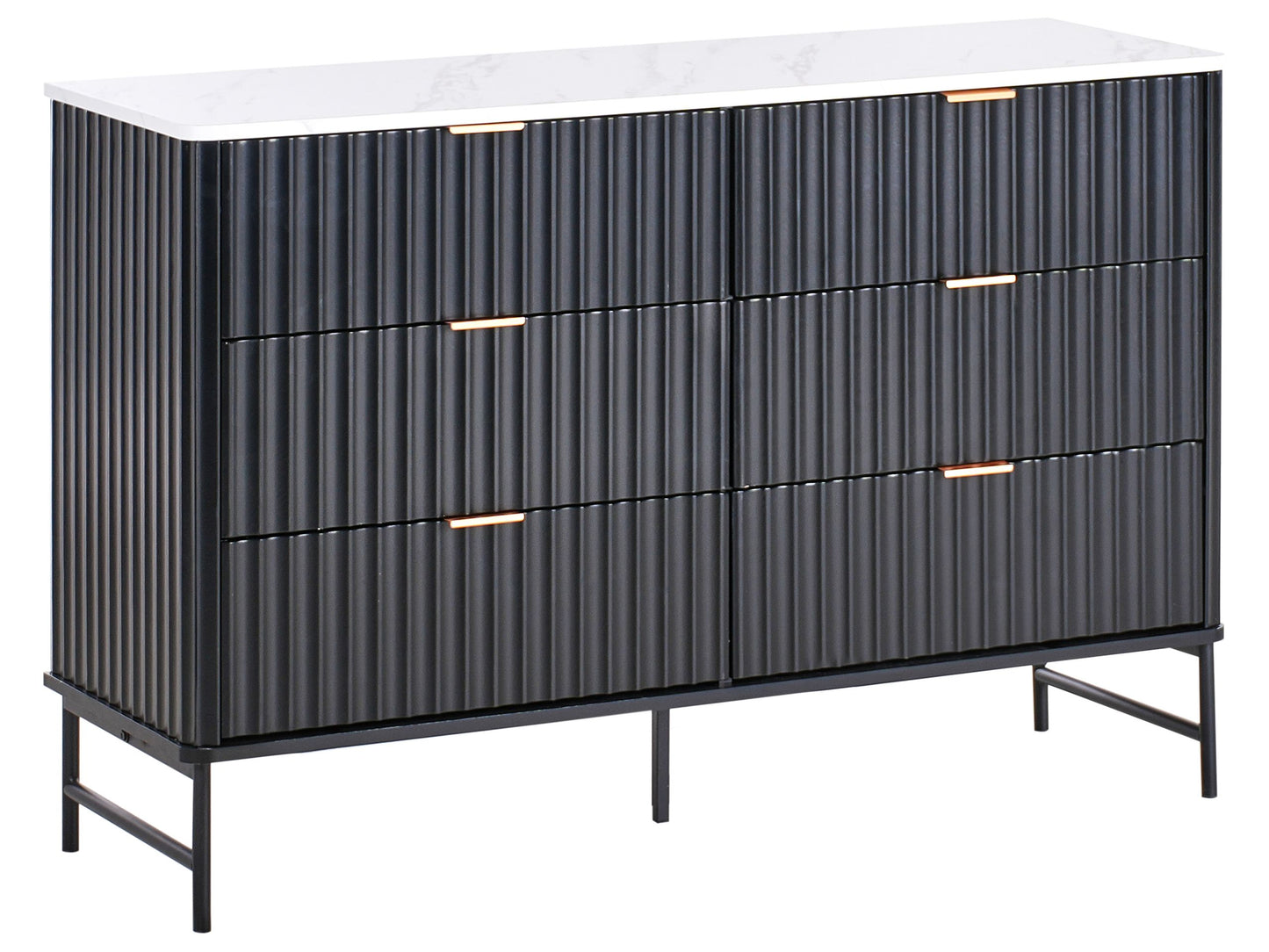 Nova Living 6 Drawer Chest Black MDF With Marble Top and Metal Legs