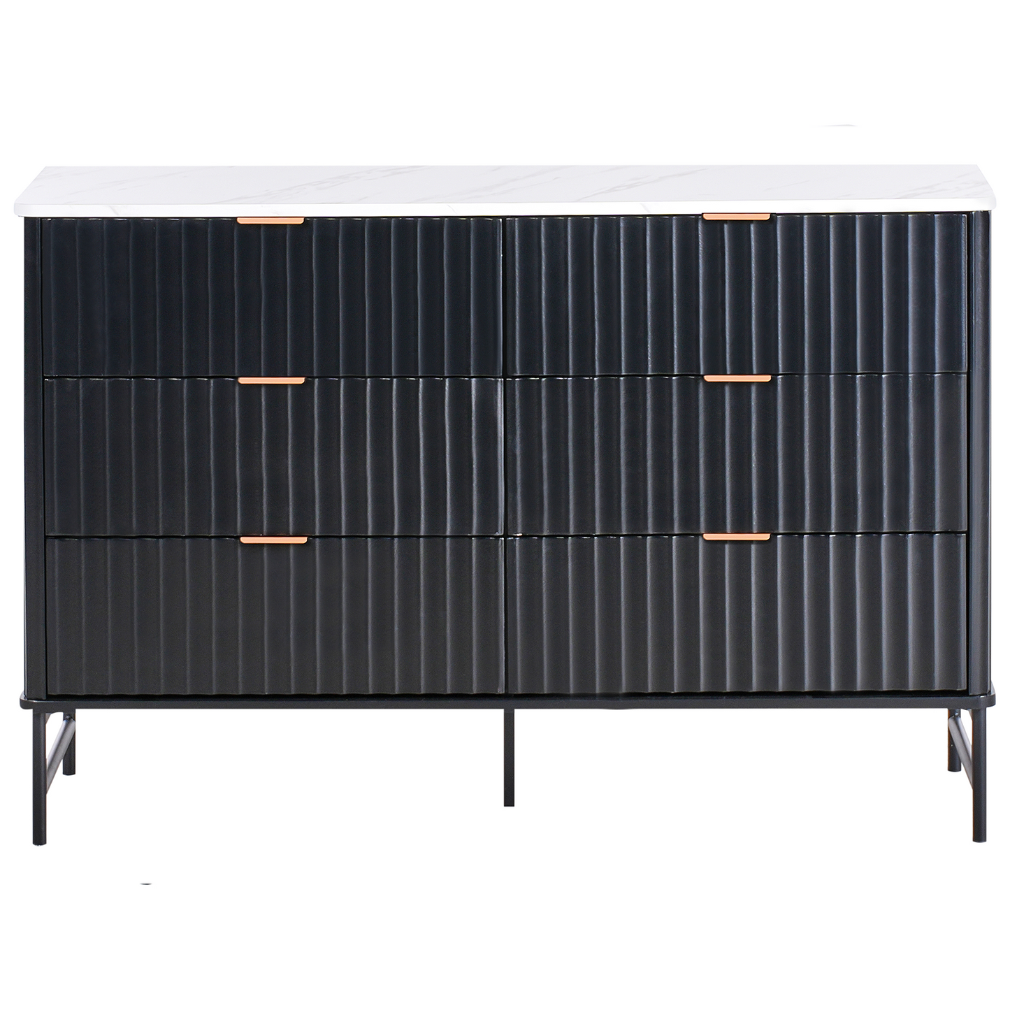 Nova Living 6 Drawer Chest Black MDF With Marble Top and Metal Legs