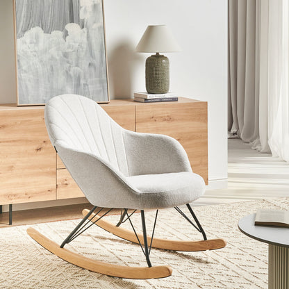 Rocking Chair Off White Fabric With Wood Skates