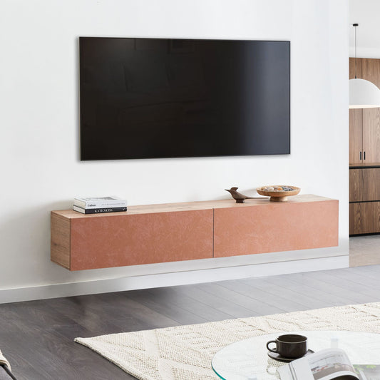 Wall Mounted TV Stand Red Brown Up To 70 Inch Two Cabinets
