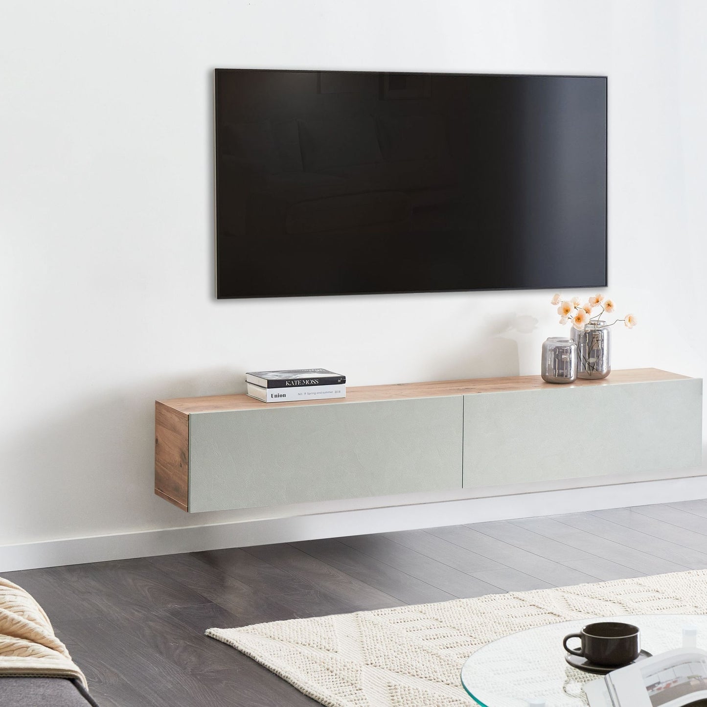 Wall Mount TV Stand Light Green Brown For 70 Inch TV 2 Cabinets
