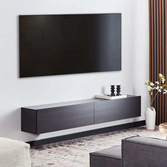Wall Mounted TV Stand Black Up To 70In Two Cabinets