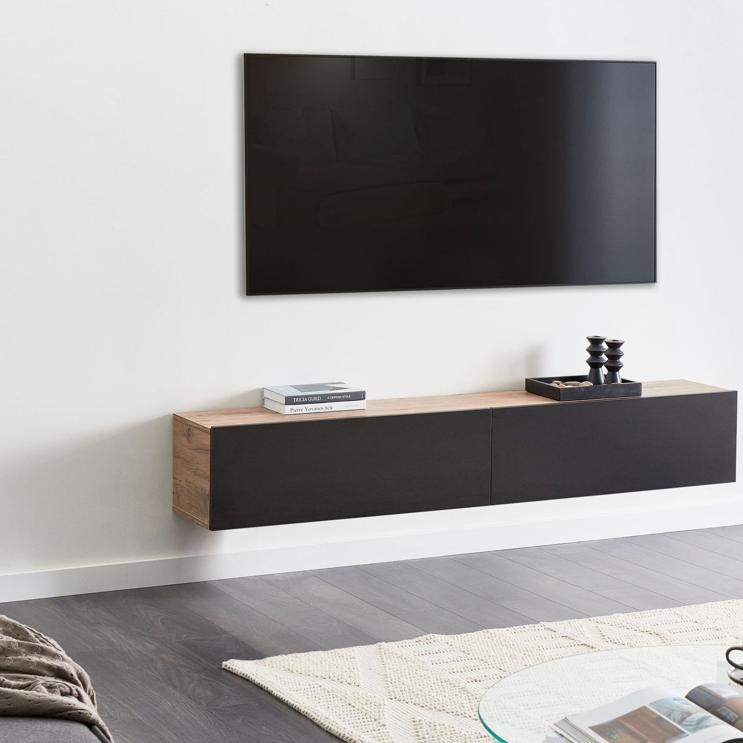 Wall Mount TV Stand Black Brown Up To 70in 2 Cabinets