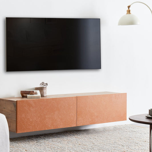 Wall Mounted TV Stand 55 Inch Red Brown Minimalist 2 Cabinets
