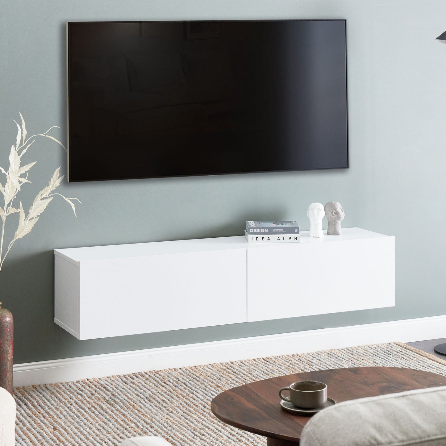 Wall Mounted TV Stand White For 55 Inch TV With 2 Cabinets