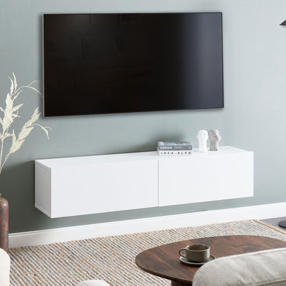 Wall Mounted TV Stand White For 55 Inch TV With 2 Cabinets