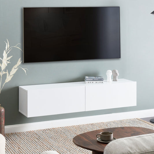 Wall Mounted TV Stand White For 55 Inch TV With 2 Cabinets