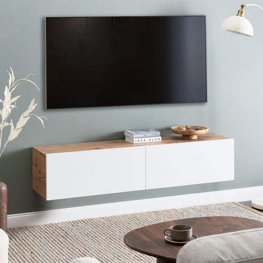 White Brown Wall Mounted TV Stand Up To 55 Inch 2 Cabinets