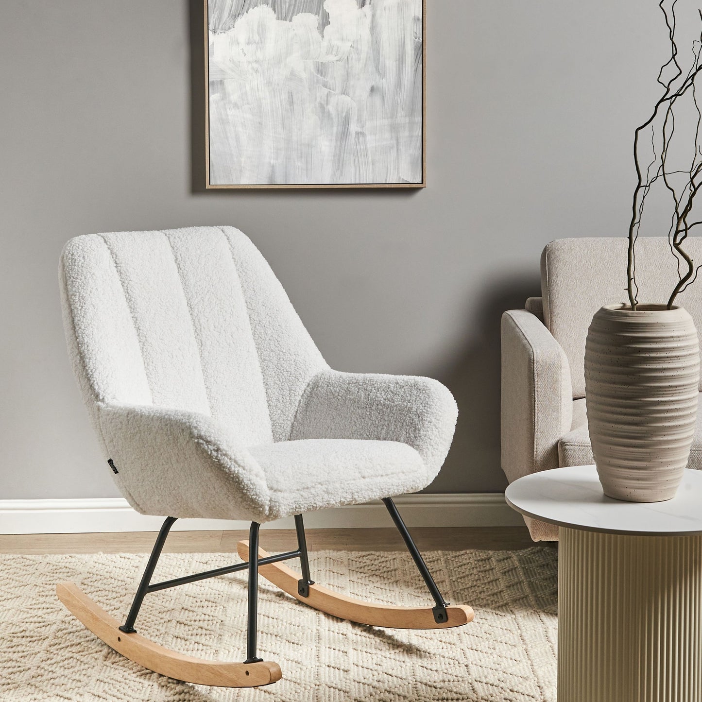 Rocking Chair Off-White Boucle Upholstery Teddy Metal Black Legs