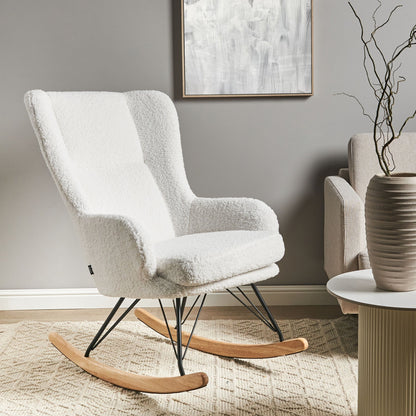 Luoma Off White Boucle Rocking Chair With Black Metal Legs High Back