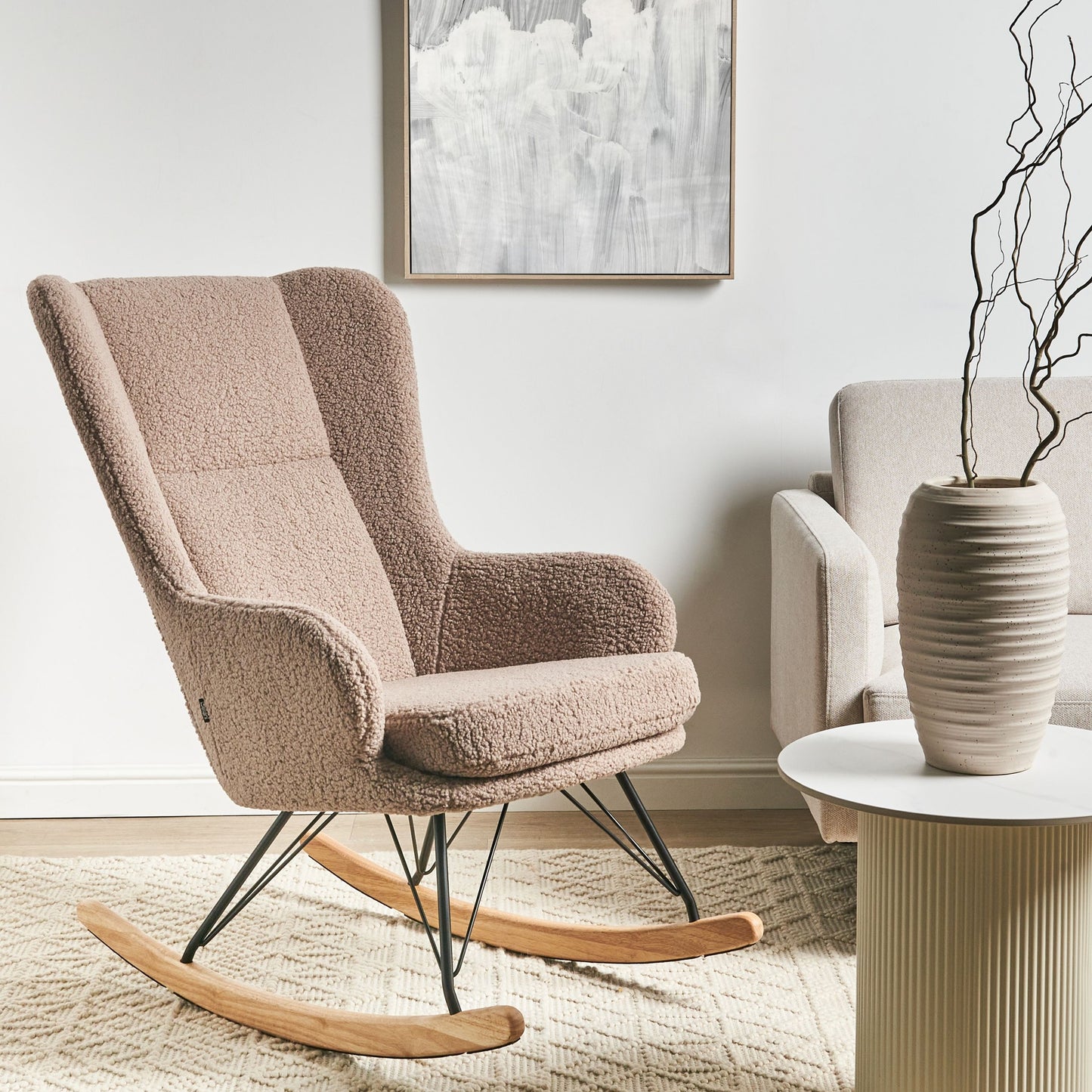 Beige Boucle Rocking Chair With Black Metal Legs And Armrests