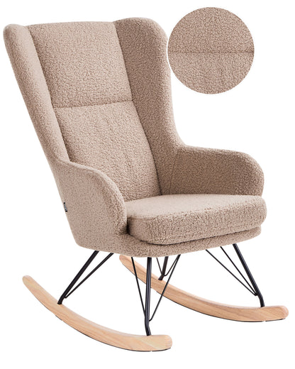 Beige Boucle Rocking Chair With Black Metal Legs And Armrests