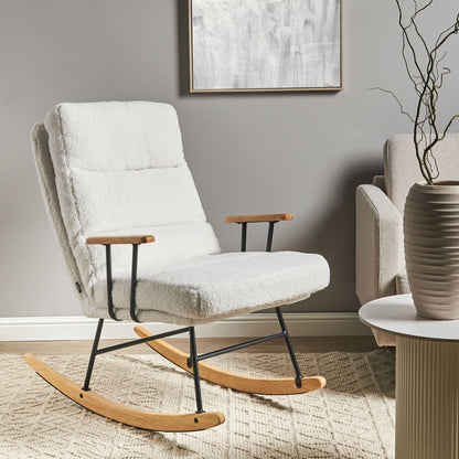 Rocking Chair Off White Boucle Reclining Back With Wood Legs