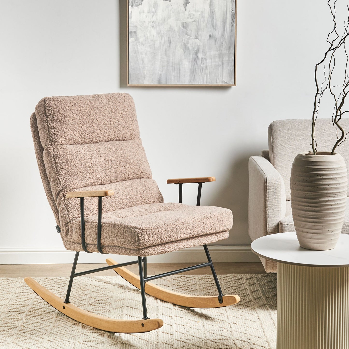 Beige Boucle Rocking Chair With Reclining Back And Metal Frame