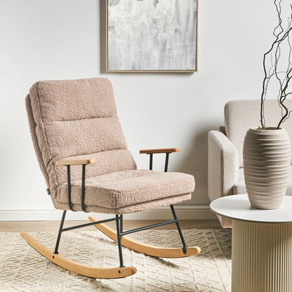 Beige Boucle Rocking Chair With Reclining Back And Metal Frame