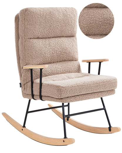 Beige Boucle Rocking Chair With Reclining Back And Metal Frame