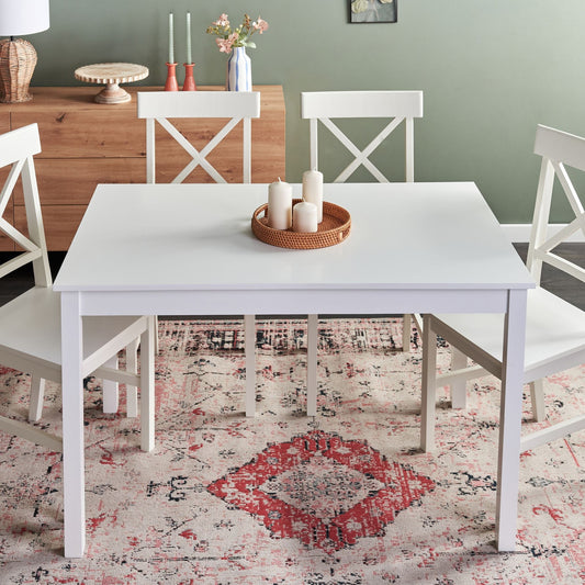 CasaNova Dining Set White Poplar Wood MDF Cottage Style Table And 4 Chairs Durable Family Friendly