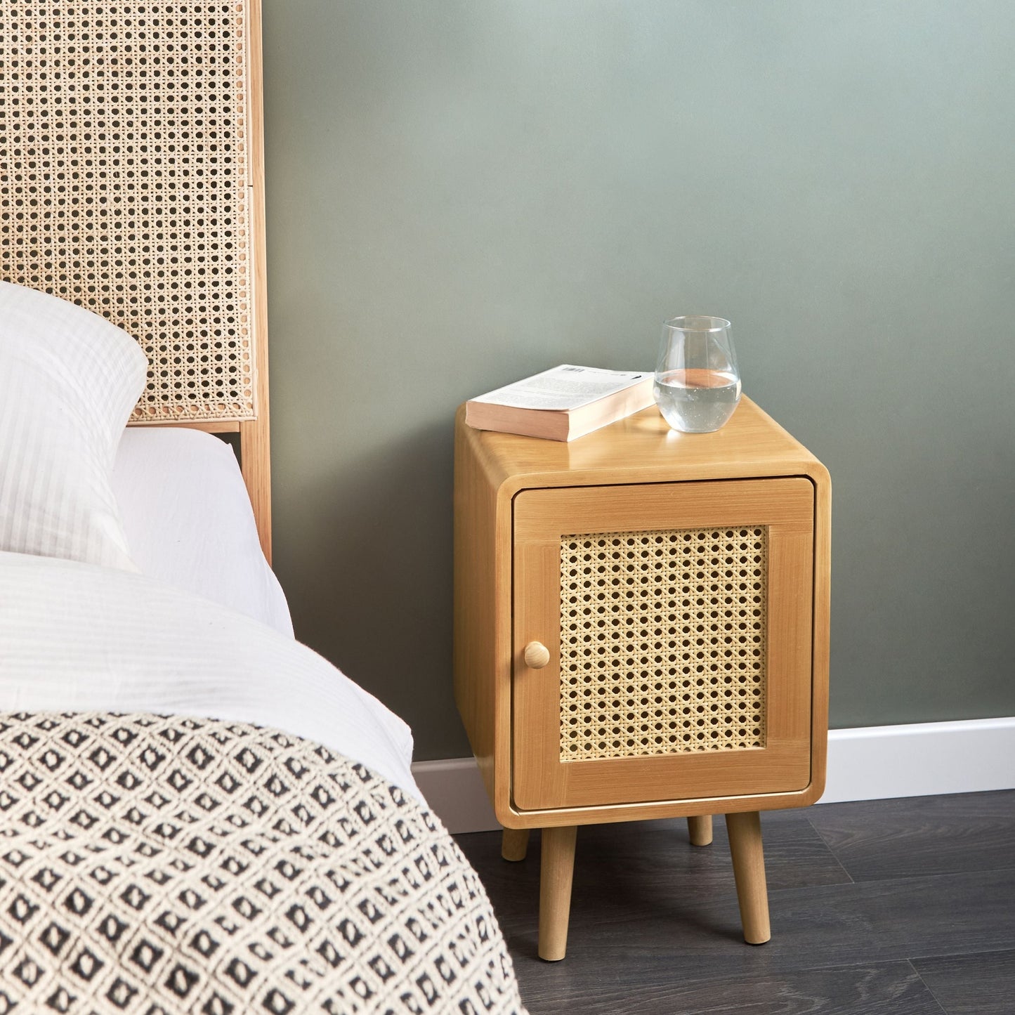 BohoNest Nightstand Brown MDF Veneer With Viennese Braid Drawer