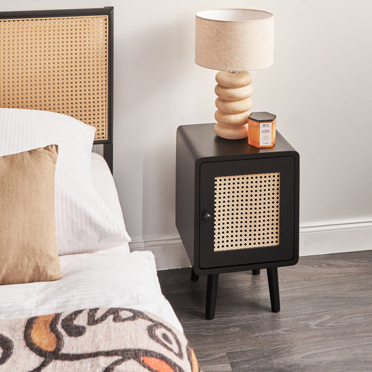 BohoNest Bedside Table Black MDF Veneer Viennese Braid Front Drawer