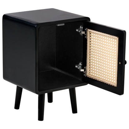BohoNest Bedside Table Black MDF Veneer Viennese Braid Front Drawer