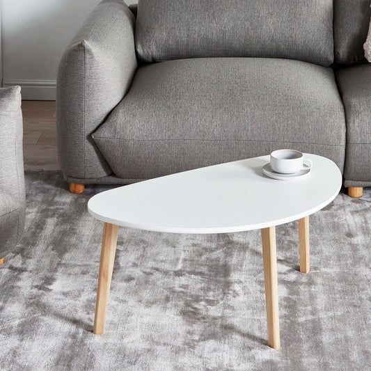 AuraLiving Small Coffee Table White MDF Top Pine Wood Legs Irregular